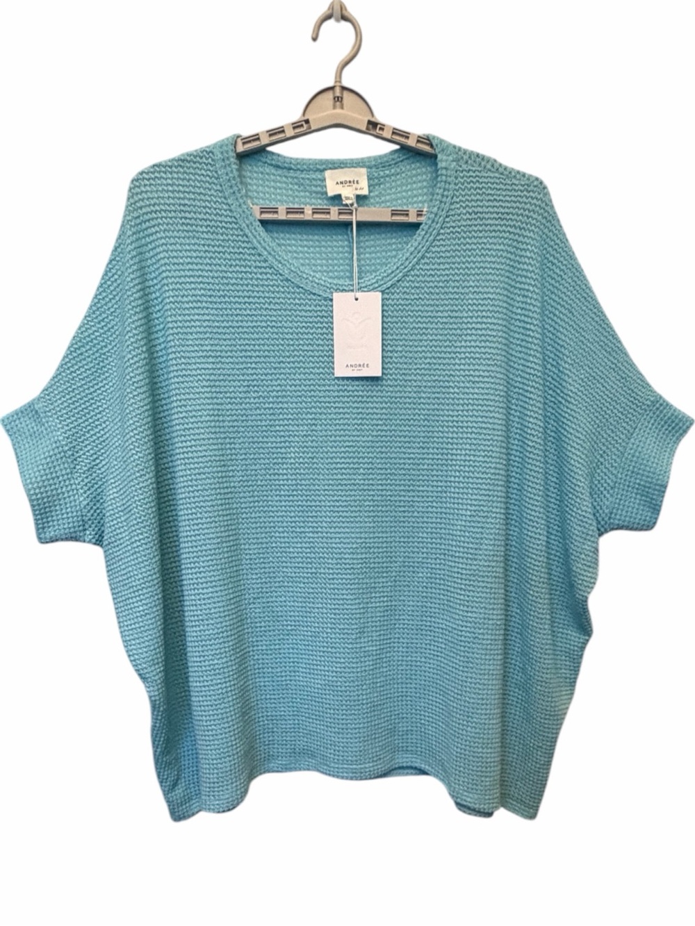 Andree by Unit Womens Aqua Waffle Loose Knit Short Sleeve Pullover Top Sz 1X 2X